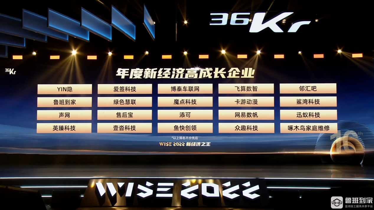鲁班到家斩获36氪“WISE2022 新经济之王·年度新经济高成长企业”